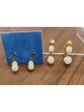2 Pair Vtg Celluloid Earrings Pineapple Pierced & Rose Dangle Clip-ons